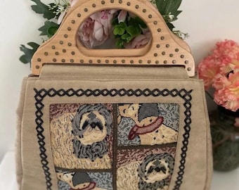 Vintage Beaded Tapestry Handbag: Dalmatian & Shih Tzu Dogs, Wood Handles