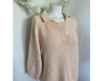Vintage 90s Shenanigans Hand Knit Peach Sweater Large 3/4 Sleeves Button Acrylic Grannycore Cottagecore Teacher 1980s 1990s Fairycore Soft