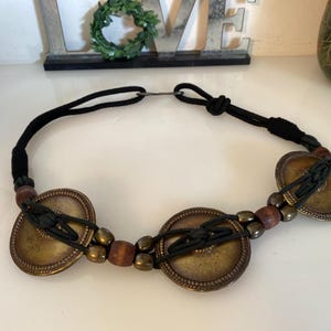 Vintage Medallion Belt: Braided Rope, Brass Tone, Boho Style