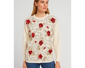 Victoria Harbour Vintage Cream Sweater Pullover Red Gold Sequin Beaded Sz Large