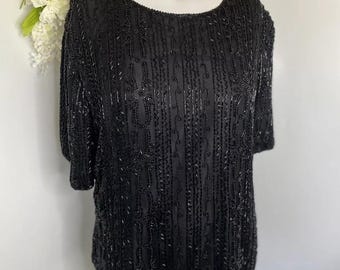 Vintage zijden blouse met kralen: zwarte feesttop jaren 70, maat Large