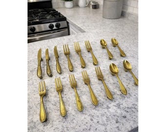 Vintage Midcentury Knife Fork Spoon Gold Tone Drawer Pulls Handles Lot of 12