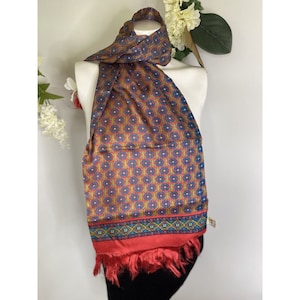 Vintage Blue Multi 100% Silk Rectangular Scarf 12&quot; x 45&quot; Japanese Fringe Handmade Vibrant Retro Head Covering 1970s Secretary Geek Preppy