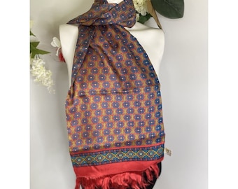 Vintage 100% Silk Scarf: Blue Multi Japanese Fringe, Retro Style
