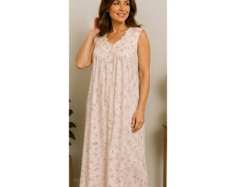 Vintage Pink Floral Cotton Nightgown Women Sleeveless House Dress XL 16/18 NWT