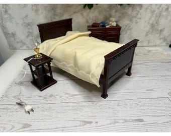 Bespaq Dollhouse Miniature Walnut Double Bedroom Set Dresser 8 Accessories Lot