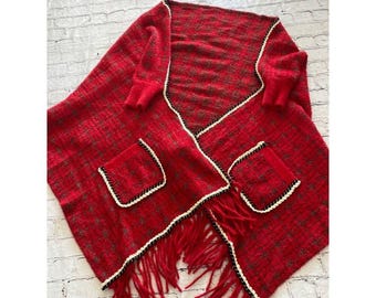 Full Furry Houndstooth Shrug Shawl w sleeves Fringes Pockets Red White Blk Gold