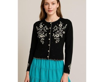 Newport News Black White Embroidered Button Up Knit Cardigan Medium Vintage 90s