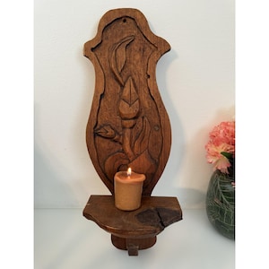 Wood Wall Hand Carved Sconce Candle Holder Distressed Rustic Primitive Vintage