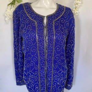 Vintage Silk Beaded Sequined Royal Blue and Silver Jacket Oversized Size XS Regency Dinasty 1980s Formal Wedding Mother of Bride and Groom