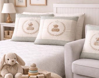 Vintage Teddy Bear Pillowcases (Set of 3), 26" x 20" Cotton, Beige/Sage/Brown