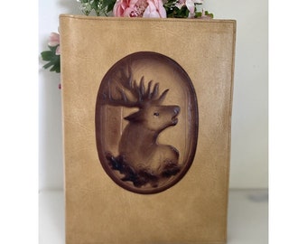 Vintage German Leather Padfolio: Hand Tooled Deer Design, Rare Keyed Document Cover