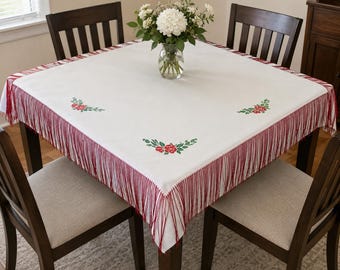 Vintage Tablecloth Throw Wrap Ivory Red Roses Boho Gipsy Long Fringe 60X60 EUC