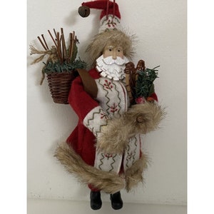 Vintage 10.5&quot; Hanging Santa Embroidered Felt Jacket Faux Fur Toys Wood Beard Folk Art Retro Farm House Cottage Core Vintage Holidays Ornamen