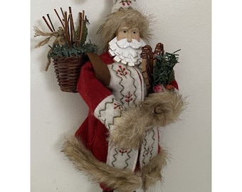 Vintage Santa Ornament: Embroidered Felt Jacket, Faux Fur Trim, 10.5" Hanging Decor