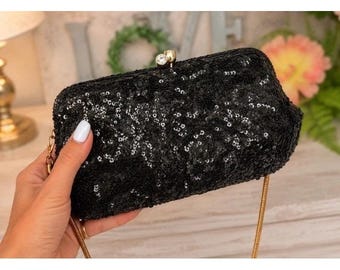Vtg Magid Black Beaded Clutch Evening Purse Bag Made in Japan With 2 Side Mirror