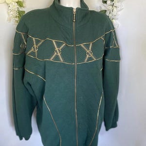 Donna Toran 1980s Embroidered Sweater Woman Small Green & Gold Hardware Embellished with Shoulder Pads Retro Geek Hip Hop Streetwear Disco