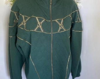 Vintage 80s Donna Toran Embroidered Green Sweater with Gold Hardware