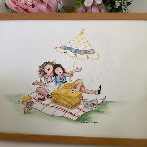 Vintage 2001 &quot;Girls Picnic&quot; Metal Nursery Art - Signed Marilyn, Framed