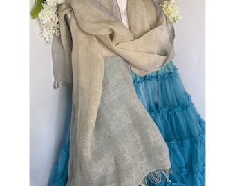 Vintage Terra Di Siena Linen Scarf: Fringed Beige Gray Boho Wrap