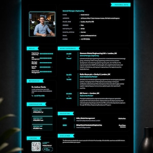 Op de afbeelding: Een professioneel cv-sjabloon met een zwarte achtergrond en cyaan accenten. Het bevat secties voor persoonlijke gegevens, vaardigheden, werkervaring, referenties, vergoeding, opleiding en een LinkedIn QR-code voor professioneel gebruik.