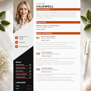 May include: A professional resume template for Tatum Caldwell, a product designer. The document features a portrait, contact details, education, work experience, and skills sections with orange accents on a white background with black text.