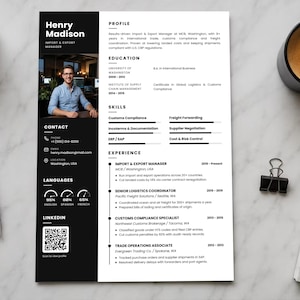 May include: A professional resume template for an Import and Export Manager named Henry Madison, featuring a black and white layout with a headshot, contact details, skills, experience, and a QR code for a LinkedIn profile link.