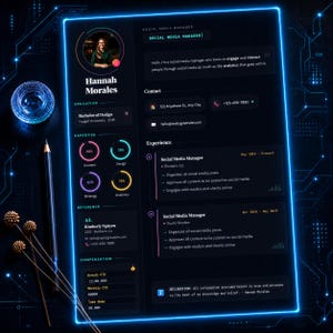 May include: A digital resume for Hannah Morales, a social media manager, displayed on a dark background with a glowing blue neon border. The document includes sections for education, expertise with circular progress charts, experience, and contact details.