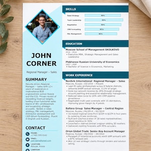 May include: A professional resume template for John Corner, Regional Manager - Sales. The document features a light blue and dark teal layout with a headshot, skills section with progress bars, education, work experience, and contact details.