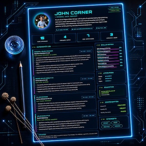 May include: A digital resume for John Corner, a Regional Sales Manager, displayed on a dark background with glowing blue neon borders. The document features a circular profile photo, professional experience logs, a skills matrix, and education details.