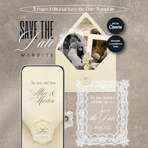Lace Ivory Save The Date Website Template, Ivory Lace Wedding Invitation, Animated Envelope with RSVP Form, Free Editable Wax Seal Monogram