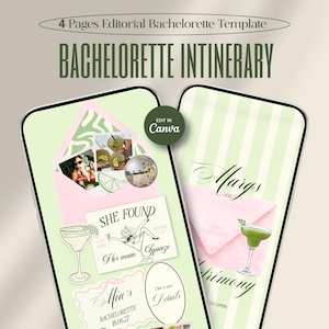 Op de afbeelding: Een 4-pagina redactionele bachelorette reisschema sjabloon weergegeven op twee smartphoneschermen. Het ontwerp bevat lichtgroene en roze kleuren, met afbeeldingen van cocktails, een discobal en tekst waaronder "SHE FOUND HER MAIN SQUEEZE" en "MARGS AND MATRIMONY".
