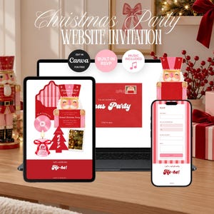 Könnte beinhalten: Eine digitale Weihnachtsparty-Webseiteneinladung auf einem Laptop, Tablet und Smartphone. Das Design zeigt eine Nussknacker-Grafik, ein rot-rosa Farbschema und Text, einschließlich "Christmas is Here! Let's Go Nuts!" und "Ho-ho!"
