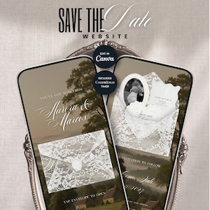 May include: Two smartphones display a digital save the date website template featuring a landscape background with trees and houses. The screens show white lace envelope graphics, elegant script text reading Aurora & Marcos, and a countdown timer.