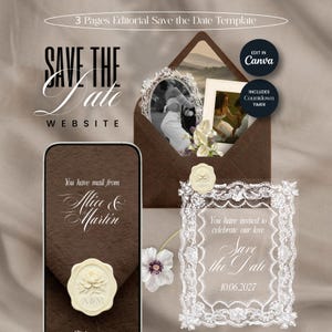 Op de afbeelding: Een 3-pagina redactionele save-the-date sjabloon met een bruine envelop met waszegel, een smartphone die een uitnodiging voor Alice & Martin toont, en een doorzichtige acrylkaart met witte kanten randen en de tekst You have invited to celebrate.