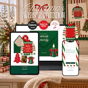Può includere: Un modello di invito per sito web natalizio digitale visualizzato su laptop, tablet e smartphone. Il design presenta una grafica di maglione natalizio, una busta verde, un albero di Natale rosso e una candela verde con un fiocco rosso.