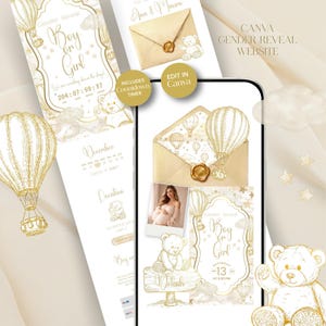 May include: A digital gender reveal website template featuring gold-toned illustrations of hot air balloons, teddy bears, clouds, and stars. The design includes an envelope with a wax seal, a countdown timer, and text reading Boy or Girl.