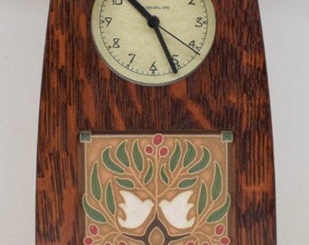 Arts and Crafts Clock in Craftsman Oak Finish with 4x4 Arts and Craftsman Tileworks Lovebirds Dark Oak
