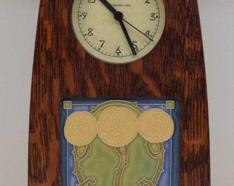 Arts and Crafts Clock in Craftsman Oak Finish with 4x4 Arts and Craftsman Tileworks Macintosh Rose Agave Blue