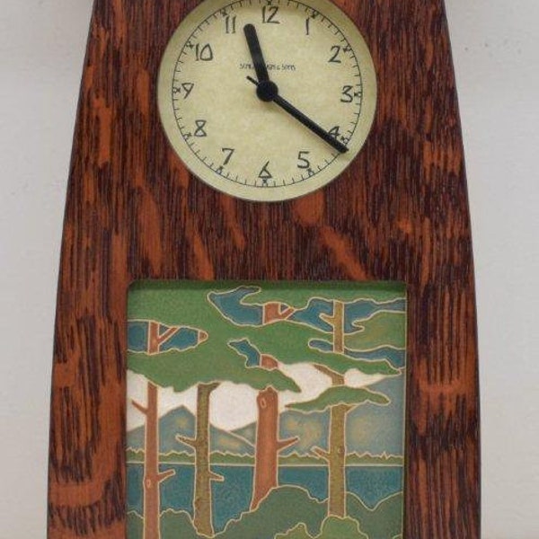 Arts and Crafts Clock in Craftsman Oak Finish with 4x4 Arts and Craftsman Tileworks Lake Tahoe Pines Tile Spring