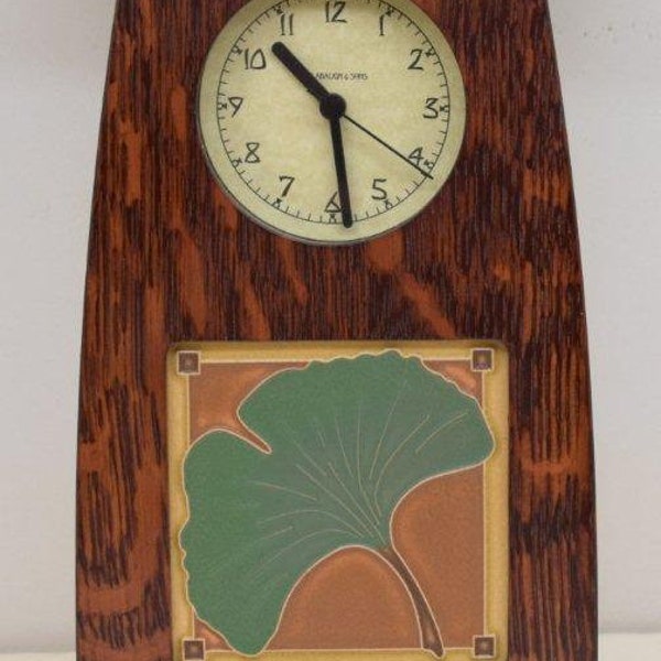 Arts and Crafts Clock in Craftsman Oak Finish with 4x4 Arts and Craftsman Tileworks Gingko Green Oak