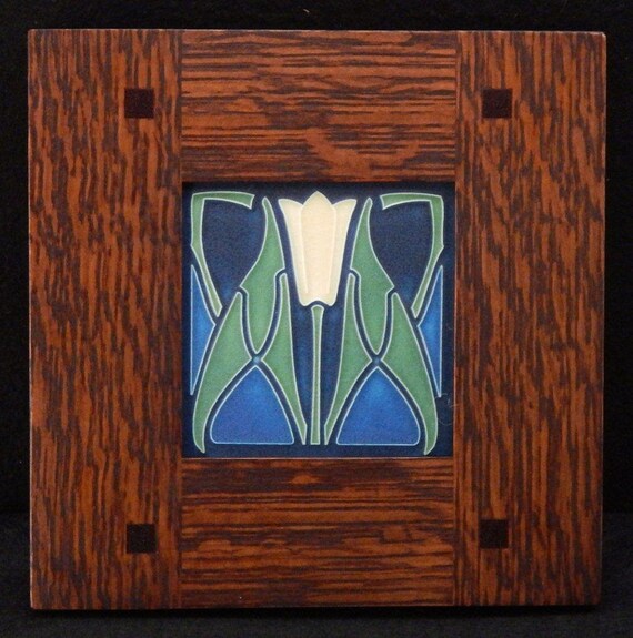 Motawi 4x4 Lotus Tile Blue In Morris Oak Frame Etsy