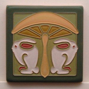 Bunnies Under Mushroom Tile (Jade) 4" x 4" by Art and Craftsman Tileworks