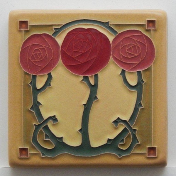Macintosh Rose Tile (Scarlet) 4" x 4" by Art and Craftsman Tileworks
