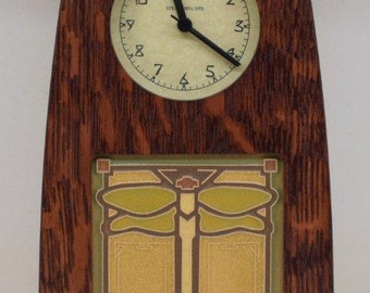 Arts and Crafts Clock in Craftsman Oak Finish with 4x4 Arts and Craftsman Tileworks Dragonfly tile Sage