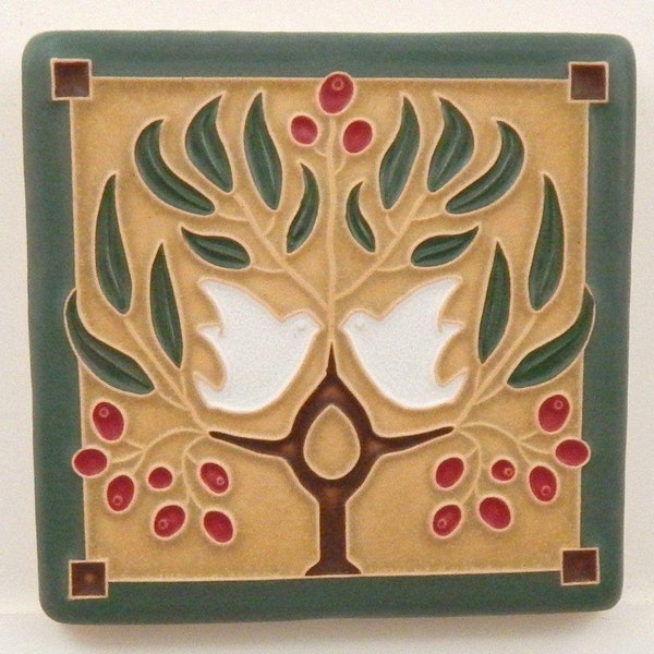 Lovebirds Tile (Green Oak) 4" x 4" by Art and Craftsman Tileworks