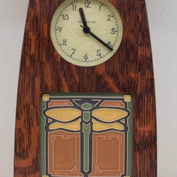 Arts and Crafts Clock in Craftsman Oak Finish with 4x4 Arts and Craftsman Tileworks Dragonfly tile Ginger