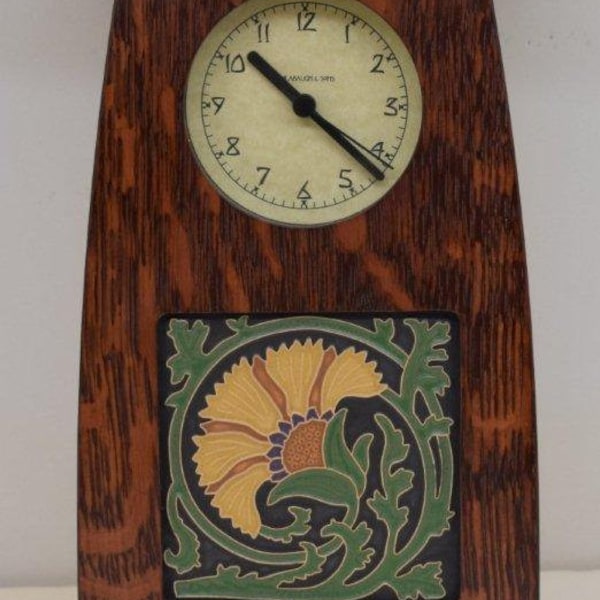 Arts and Crafts Clock in Craftsman Oak Finish with 4x4 Arts and Craftsman Tileworks Carnation Golden