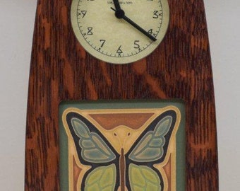 Arts and Crafts Clock in Craftsman Oak Finish with 4x4 Arts and Craftsman Tileworks Butterfly Blue Green