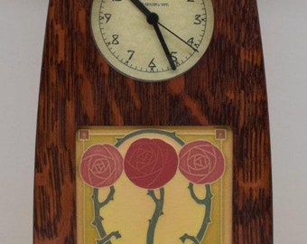 Arts and Crafts Clock in Craftsman Oak Finish with 4x4 Arts and Craftsman Tileworks Macintosh Rose Scarlet